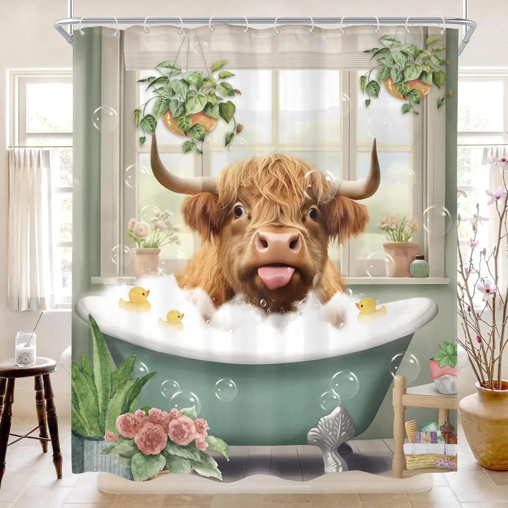 Funny Highland Cow Shower Curtain Farm Cartoon Pig Dog Flower Plant Rustic Farmhouse Kid Polyester Fabric Bathroom Decor Curtain