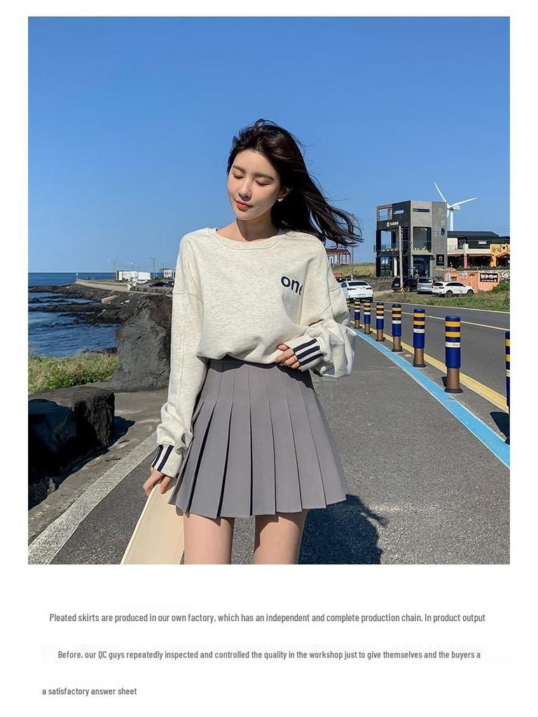 2025 Solid Color A-Line Pleated High Waist Bodycon Skirt for Women - Anti-Exposure, Spring/Autumn, Student Style, Short Length