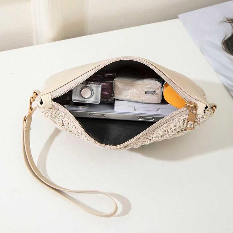 Yogodlns Korean Versatile Crossbody Crochet Bag, New Straw Woven Bag, Zipper Closure, Retro Casual Beach Flower Women's Bags