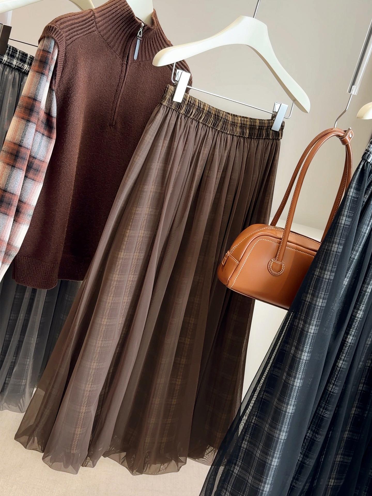 Spring Women s Mesh Patchwork Plaid Skirt with Elastic Waist One Size кофейный