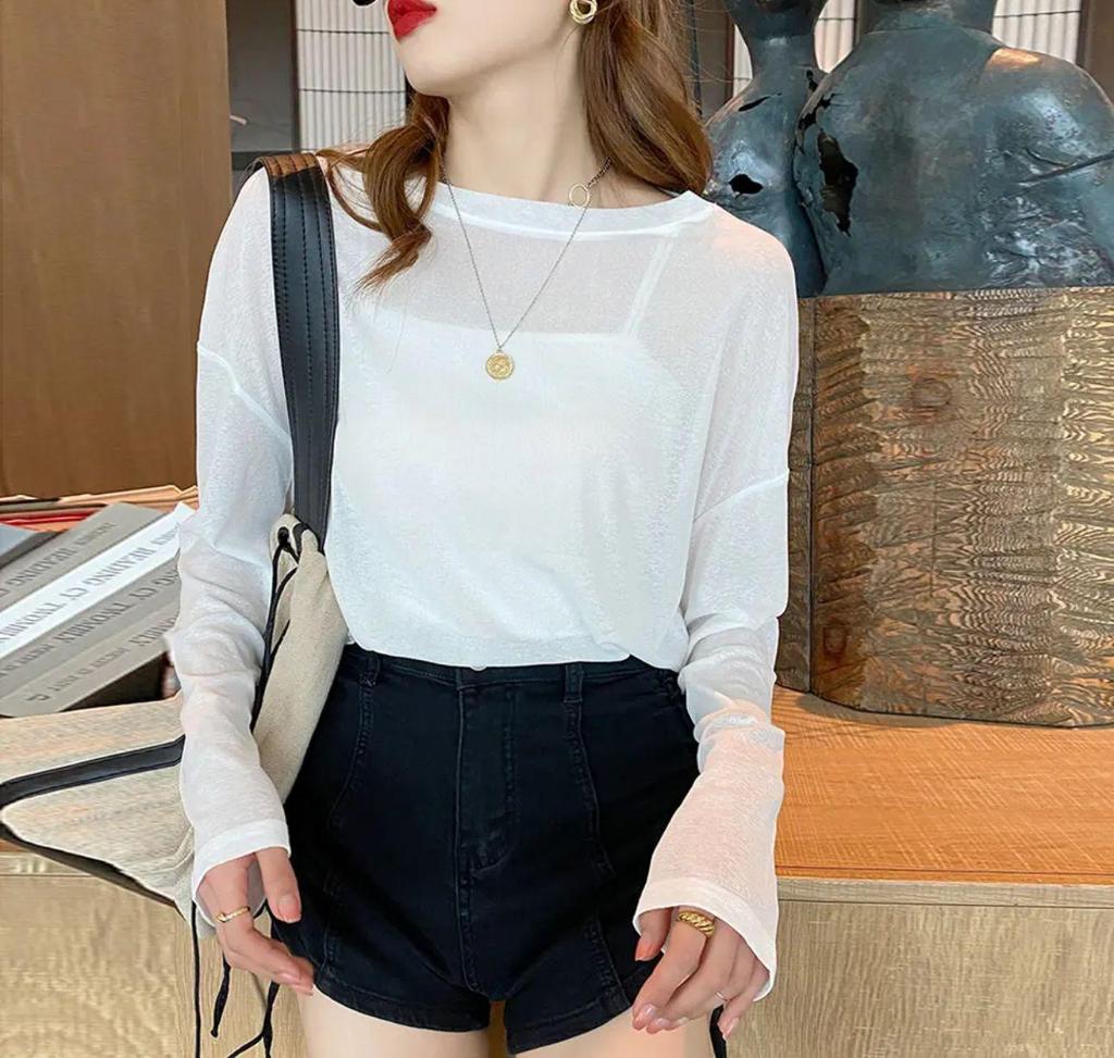 Bluză de vară pentru femei, culoare bomboană, cu mâneci lungi, largă, din mătase de gheață, protecție solară