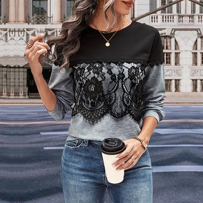 Herbst Damen Bluse Mode Colorblocking Langarm Pullover Tops