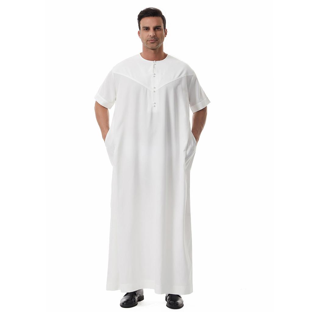 Men's Short Sleeve Muslim Robe Ethnic Style Traditional National Costume Loose Casual Long Gown Daily Wear Arabian Robe