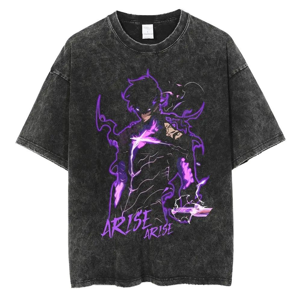 Hot Summer Anime Solo Leveling Sung Jin Woo Print T-shirt Women High Quality Washed Cotton T-shirts Harajuku Plus Size T Shirt