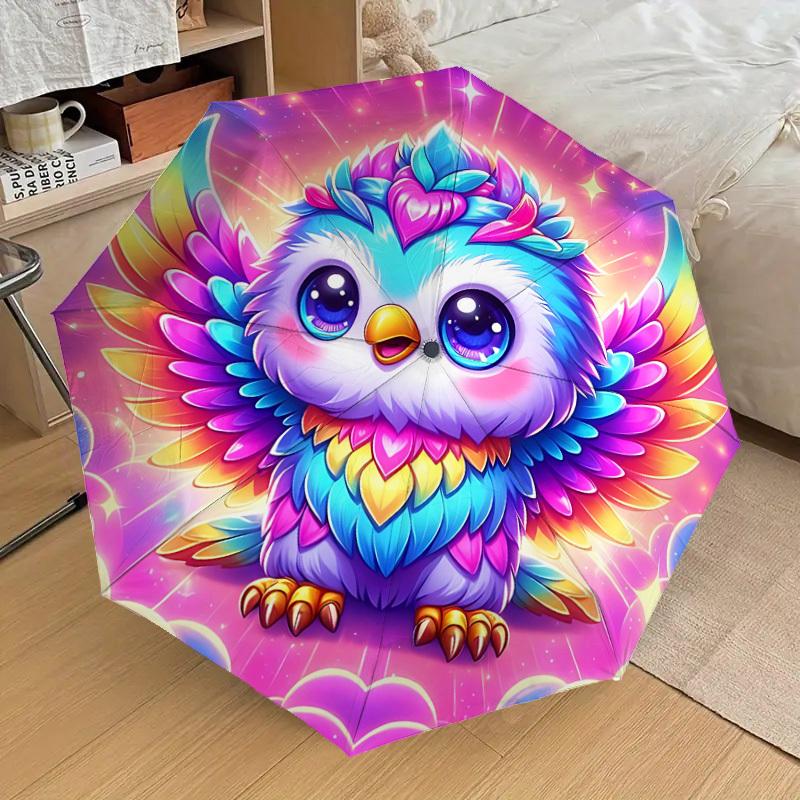 1PC Owl Fantasy Automatic Open/Close Umbrella with Windproof, 8-Rib Sturdy Canopy, Durable Ribs, Fashionable Design, Outdoor Accessory, Fun Prin, Holi