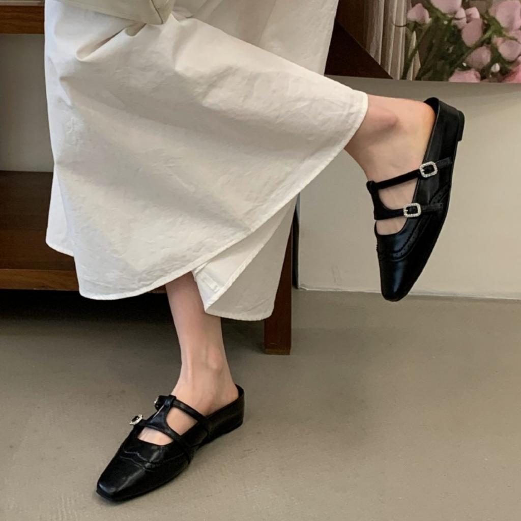 French Retro Square Head Mary Jane Bag Head Half Slippers Women'S Spring And Summer Heightening Buckle Temperament Single Shoes