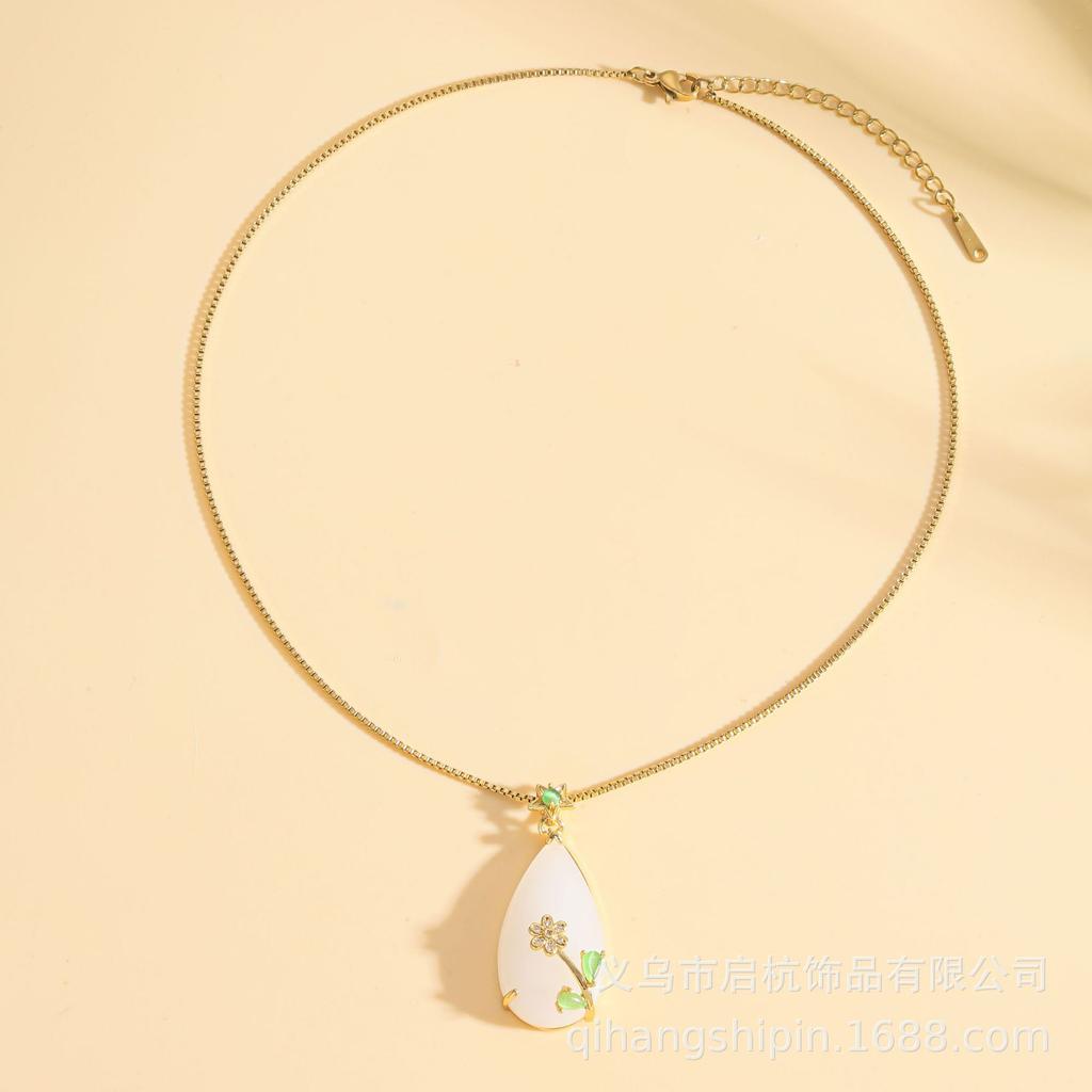 Hetian Jade Water Drop Necklace Women'S Light Luxury Retro Court Style Temperament Inlaid Flower Accessories