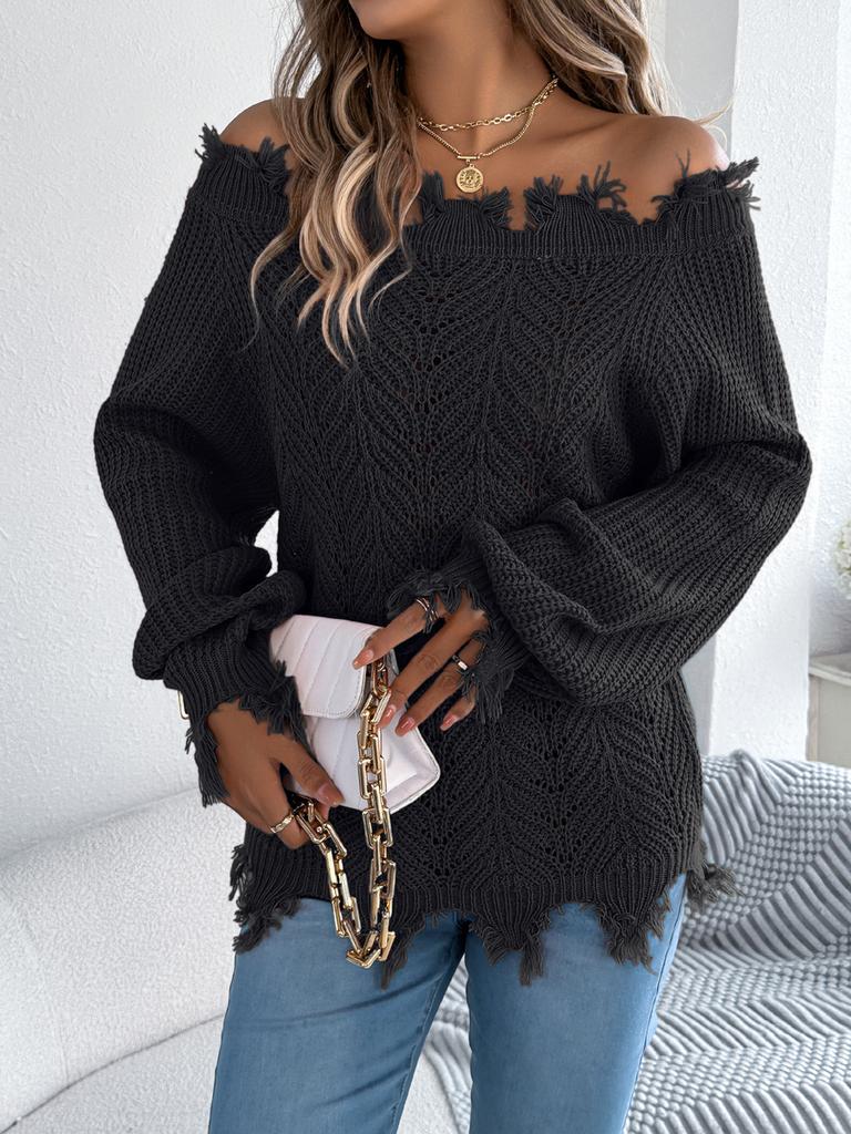 Autumn Winter Solid Color Hollow Long Sleeve Cutout Ruched Open Shoulder Cardigan Sweater Women's Clothing