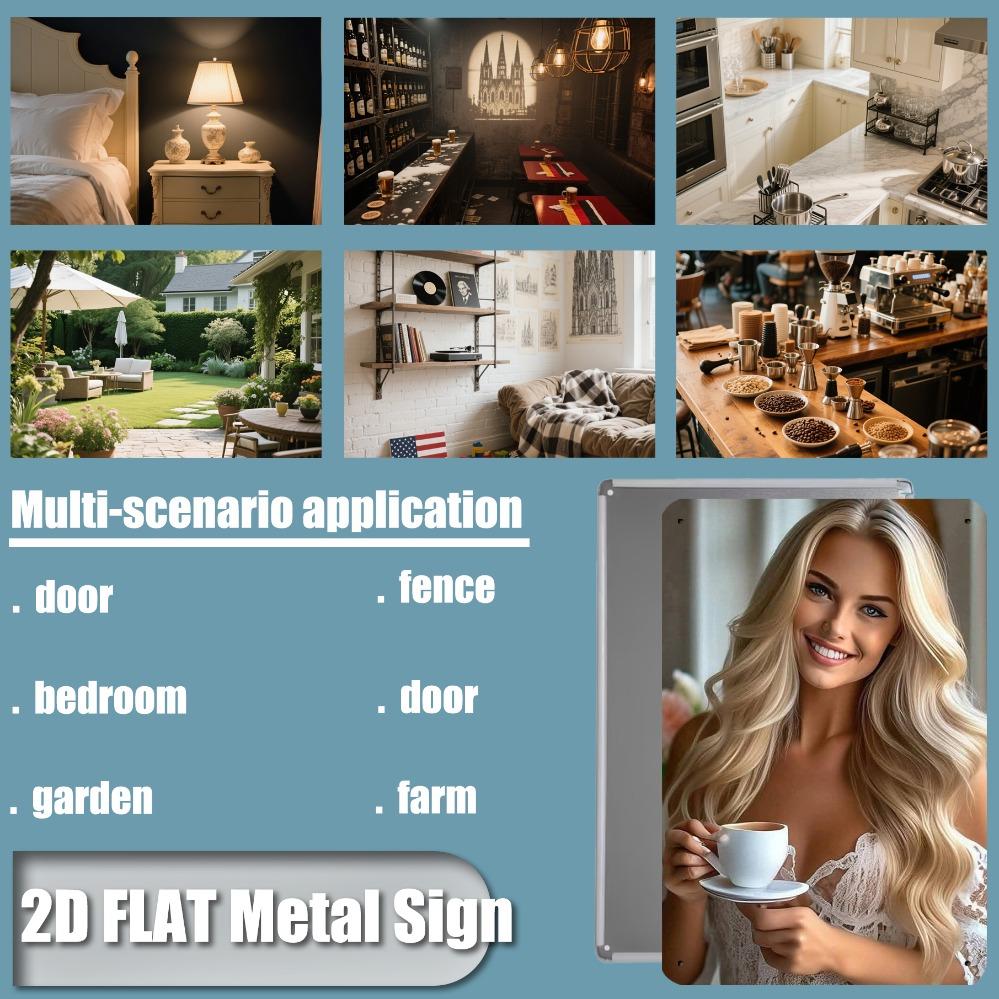 JIT Retro Metal Iron Sign - 8in×12in Blonde Woman With White Cup 2D Flat Decor Easy Install Indoor Outdoor Use