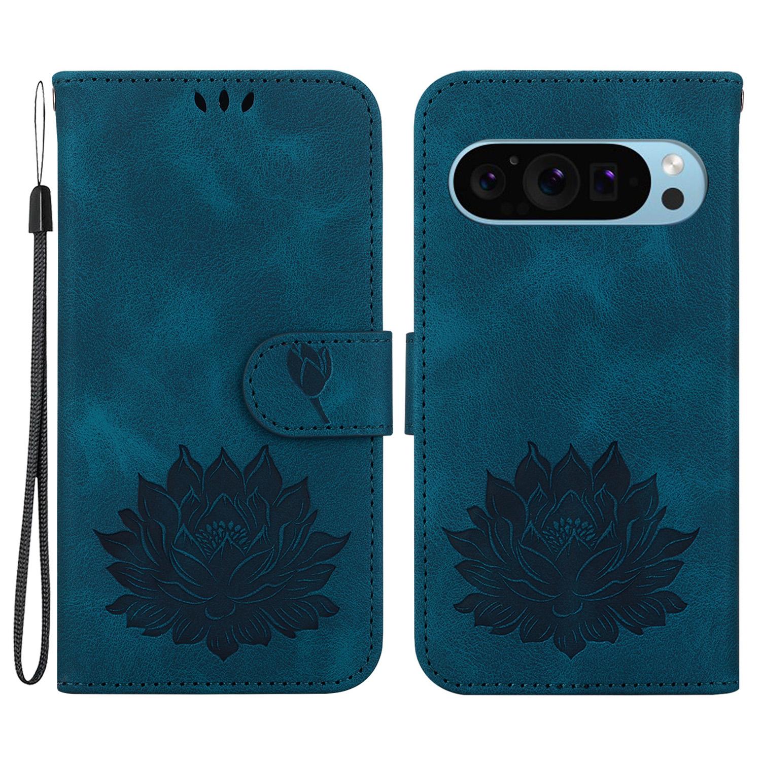 

For Google Pixel 9/9 Pro Case Lotus Pattern Leather Phone Cover Stand View Blue