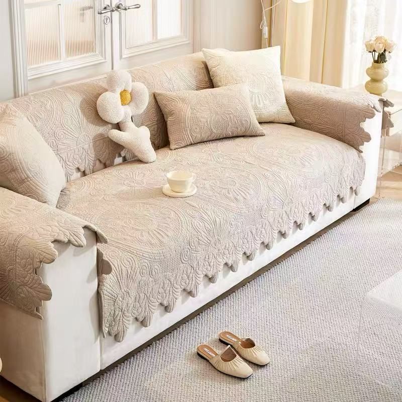

Classy Retro French Pure Cotton Sofa Cushion All Year Round Neutral Non-Slip Sofa Cover Sofa Towel Fabric Sofa Cushion Flowers Bloom and wealth-khaki Pillowcase 45*45cm