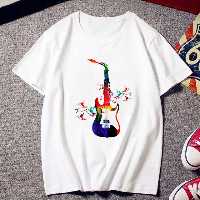Fashion Creative Musical Note Printed T Shirt Female Harajuku Tshirt Ulzzang Clothes Vintage New White T -Shirt Women Tees Tops