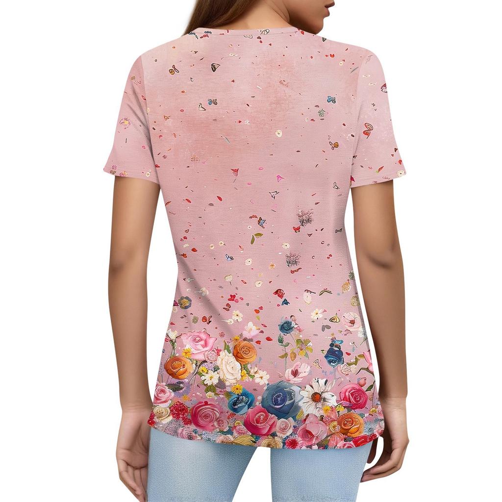 Women's T Shirt Print Button Short Sleeve Daily Weekend Fashion Basic V- Neck Regular Top