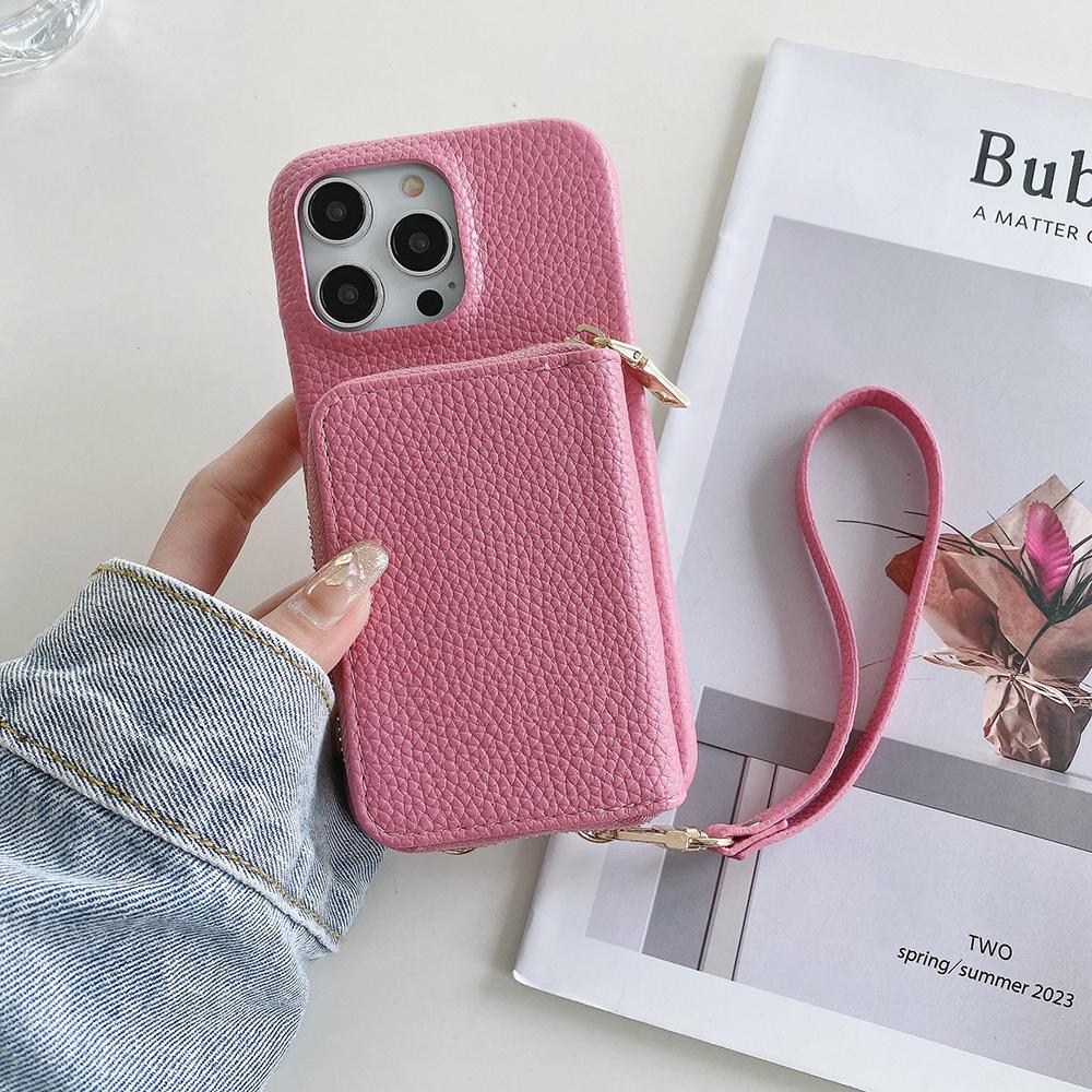 Für iPhone 14 Pro Max Hülle Reißverschluss Kartenfächer PU Leder Handy Rückseite Abdeckung mit Handschlaufe
