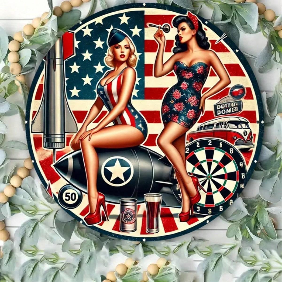 

Vintage Round Metal Sign Girl Rocket Wall Decor Patriotic Pin Up Poster