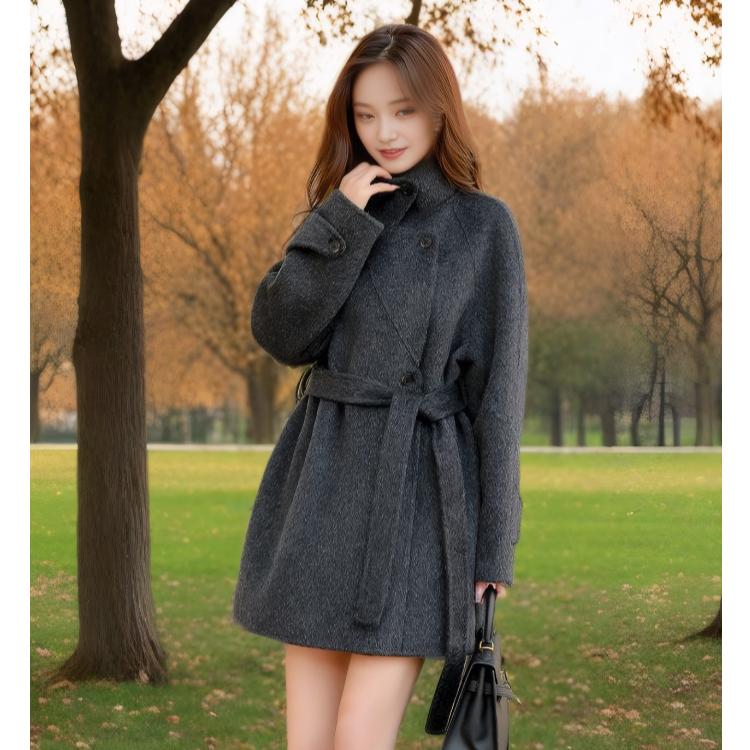 

Теплое шерстяное пальто с воротником-стойкой и поясом на талии для женщин M