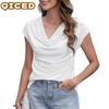 Moda feminina casual cor sólida estampa manga curta blusas e camisas com decote em V