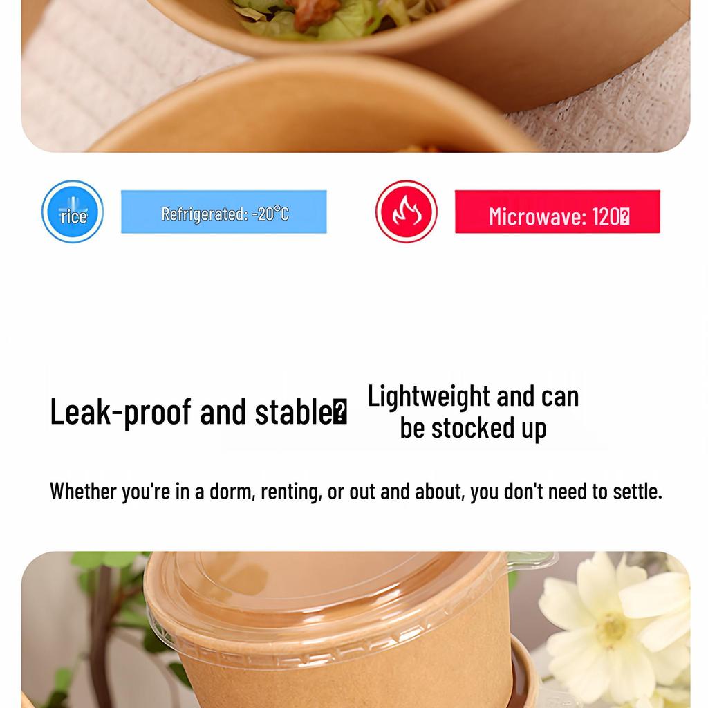 Cheng Yuan Thickened Waterproof and Oil-Proof Round Kraft Paper Food Container with Lid for Takeout and Salad Packaging