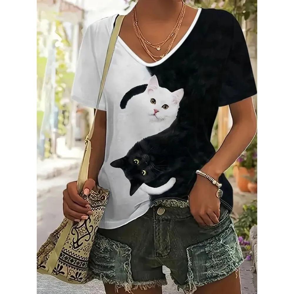 Summer V-neck Cute Cat Pattern 3D Printed Top Fashionable Casual Short Sleeved Women's T-shirts