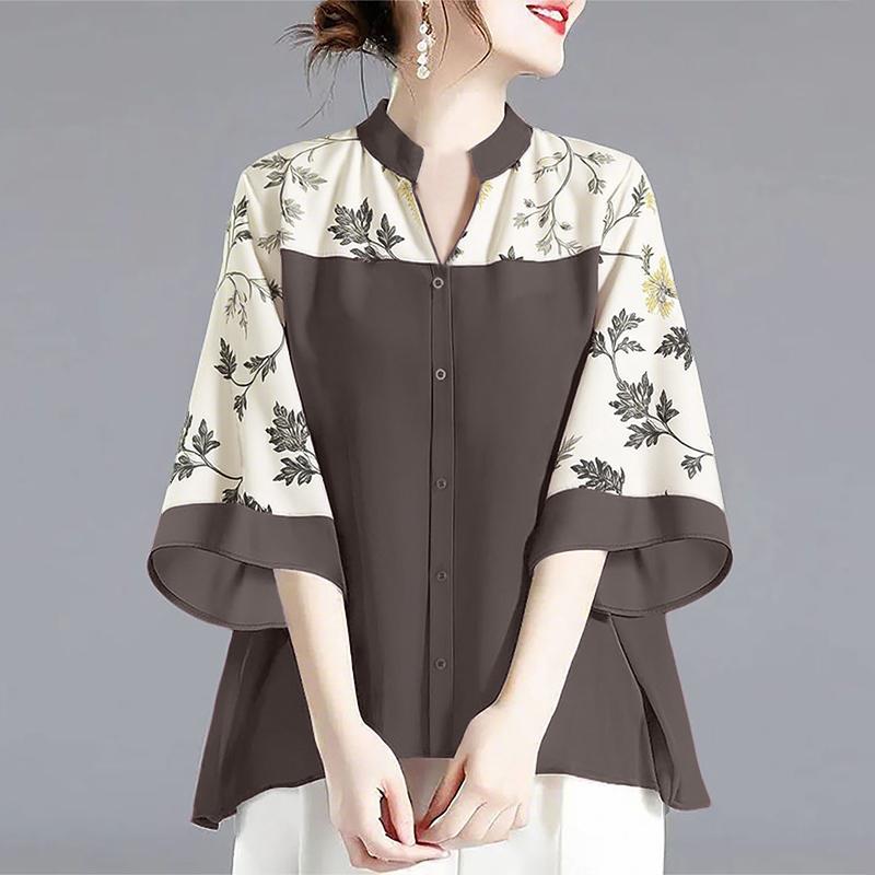 ZANZEA Women Casual V-Neck Loose Print Splice 3/4 Sleeve Blouse