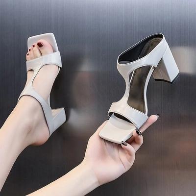 Zapatos de Tacón Alto de Moda para Mujer 2025 Primavera Nuevas Chanclas Moda Versátil Color Sólido Tacón Medio Tacón Grueso Punta Cuadrada Sandalias Mujer