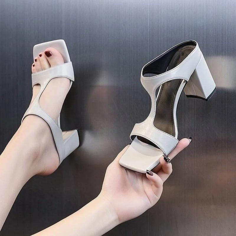 Fashion Women's High Heel Shoes 2025 Spring New Slippers Fashion Versatile Solid Color Medium Heel Thick Heel Square Toe Sandals Women