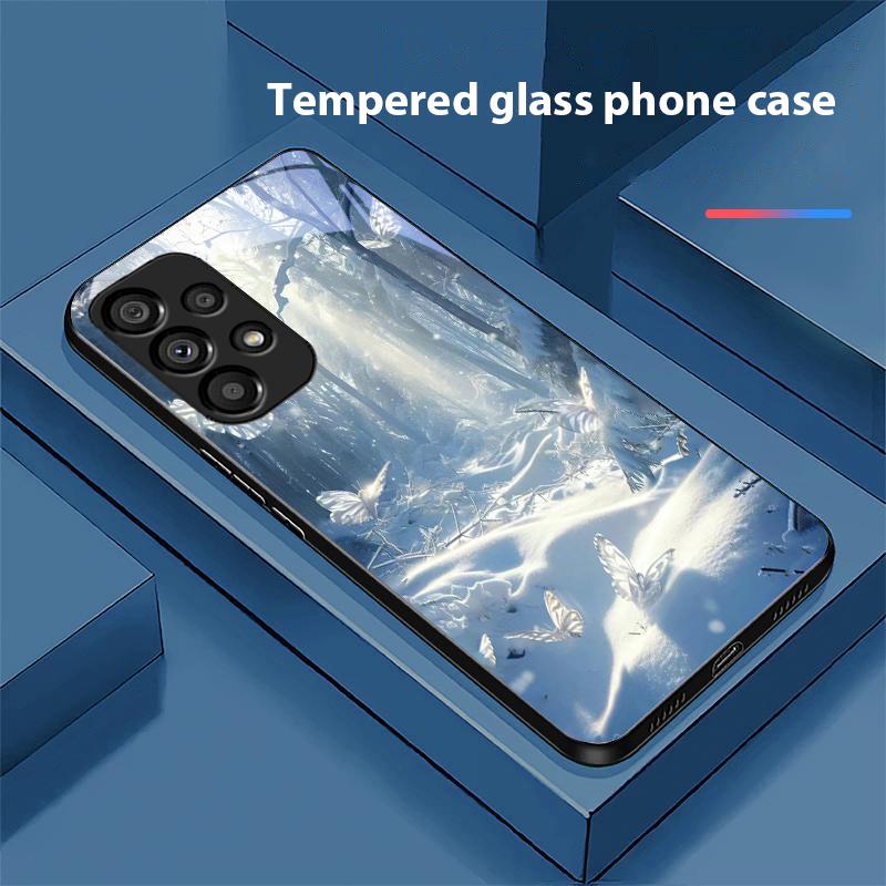 Borboleta Branca Para Samsung Galaxy S10 20 Plus 21 FE 22 23 24 FE 25 Ultra Capa de Celular de Vidro Temperado Preta Capa Dura