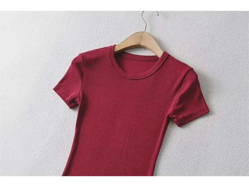 YPFF Summer Women's Solid Color Elastic Thread Basic Short-Sleeve Round Neck Top