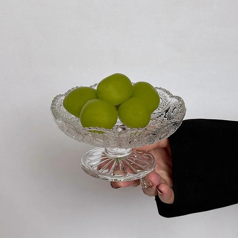 Small Embossed Glass Fruit Bowl Crystal Clear Pedestal Serving Dish for Dessert Snacks Elegant Storage Tray Compact Table Decor