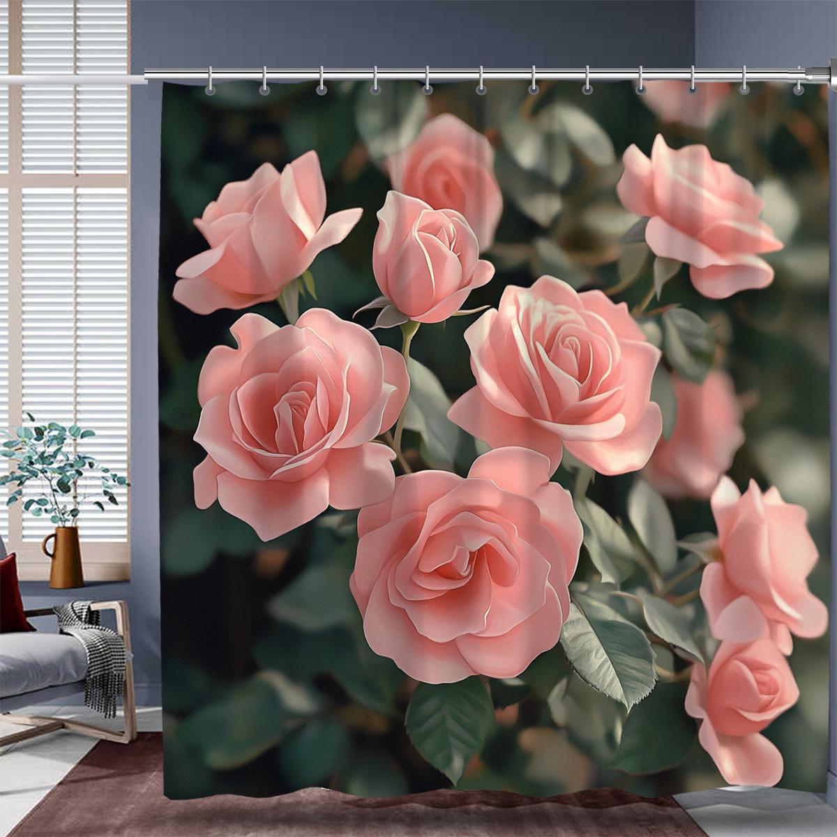 

1Pc Elegant Pink Rose Digital Printed Shower Curtain With Hooks - Machine Washable, Polyester, Woven Design For All Seasons W60H190(CM)-1 Pcs