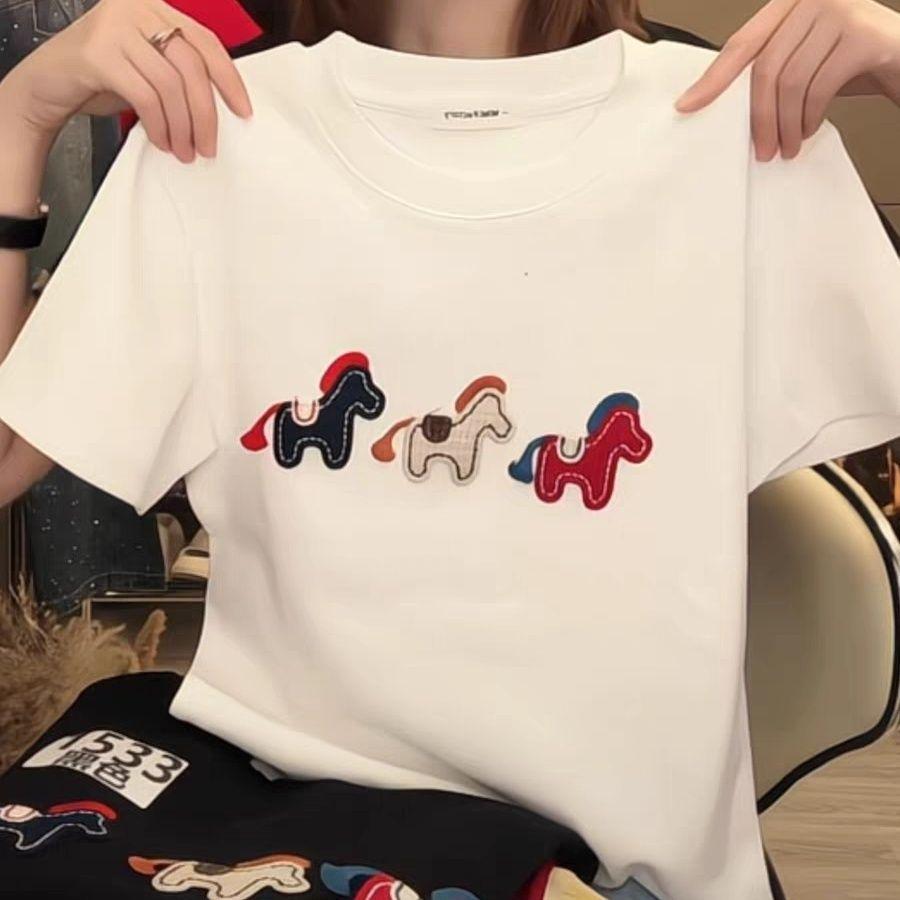 

Three Little Horses 2026 Spring/Summer Embroidered Faux Cashmere Slimming T-shirt M for 95-105 Jin белый