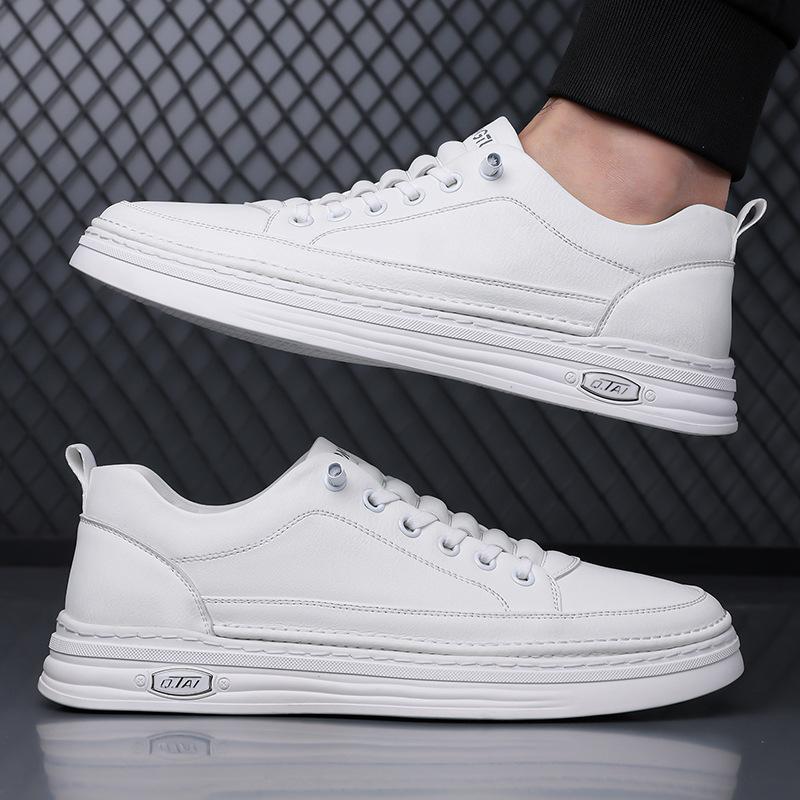 Spring New Shoes for Men Leather Casual Shoes Fashion White Flat Skateboard Shoes Lace-up Sneaker