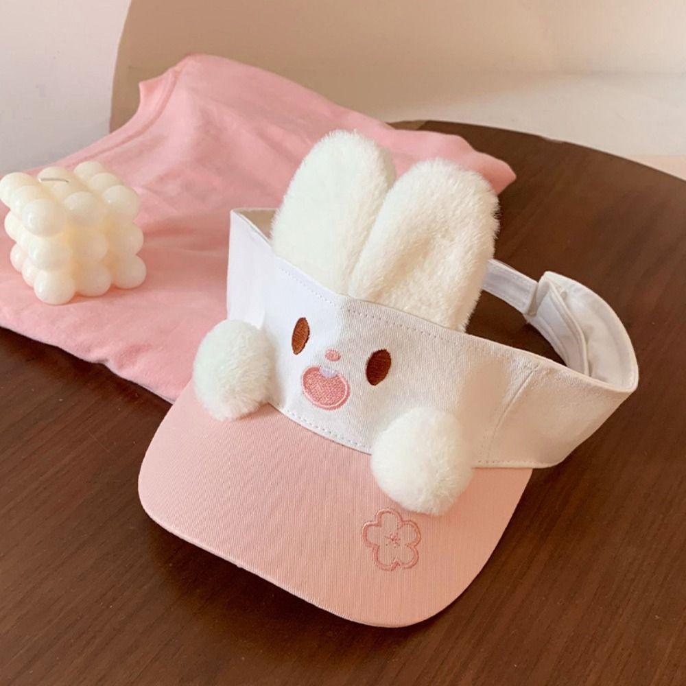 Sunscreen Rabbit Hiking Visor Cap Plush Pink Rabbit Sun Hat Bunny Ear Hollow Hat Mountaineering