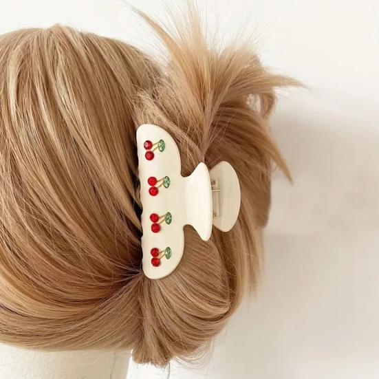 Hair Claw Rhinestones Inlaid Cherry Decoration Back Head Shower Clip Medium Size Shark Hair Claw Versatile Hair Accessory