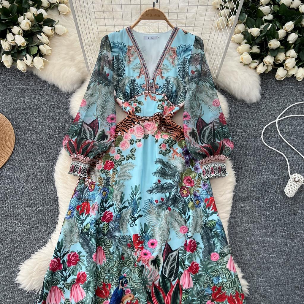 Spring Autumn Women Print Chiffon V-neck Puff Sleeve Long Maxi Holiday Beach Dresses