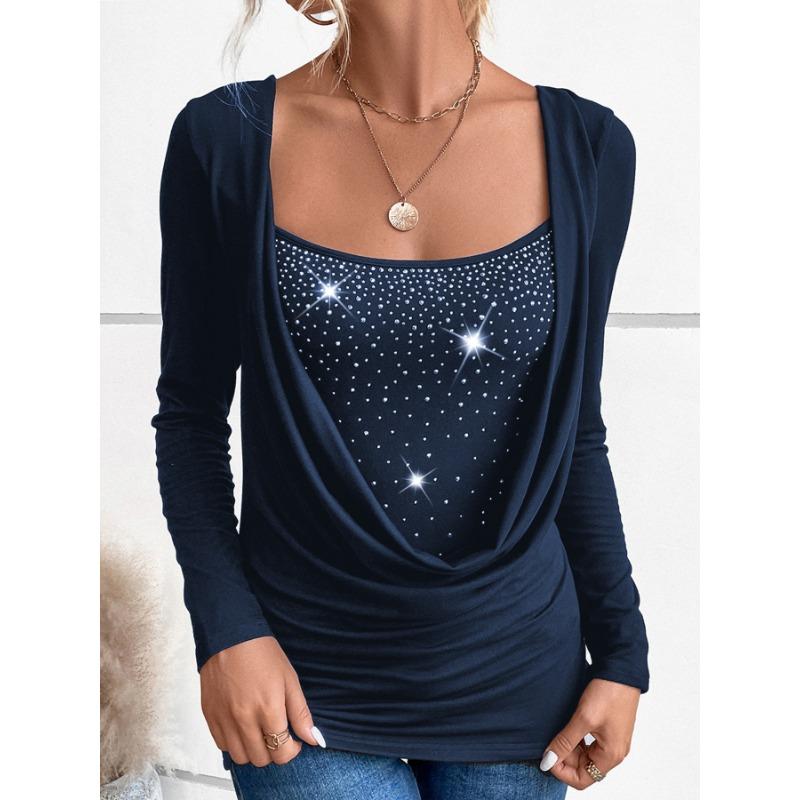 Women's 2025 New Ladies Casual Pullover Diamond Long Sleeve Fake Two-piece Top