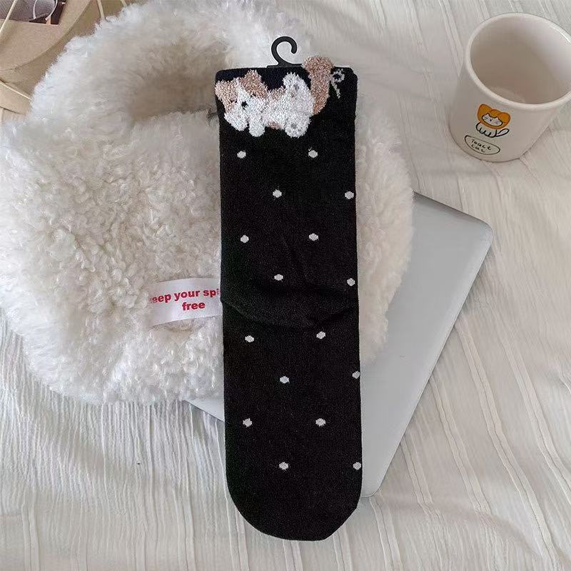 Cartoon Kitten Plush Mid-calf Socks, Girls' Pile Socks, College-style Cotton Socks, Cute Outfit Polka Dot Cat Socks