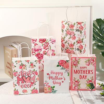 5pcs Flower Pattern Gift Bag Pink Carnation Happy Mother's Day Gift Handbag and Rose Foil Balloon Party Supplies