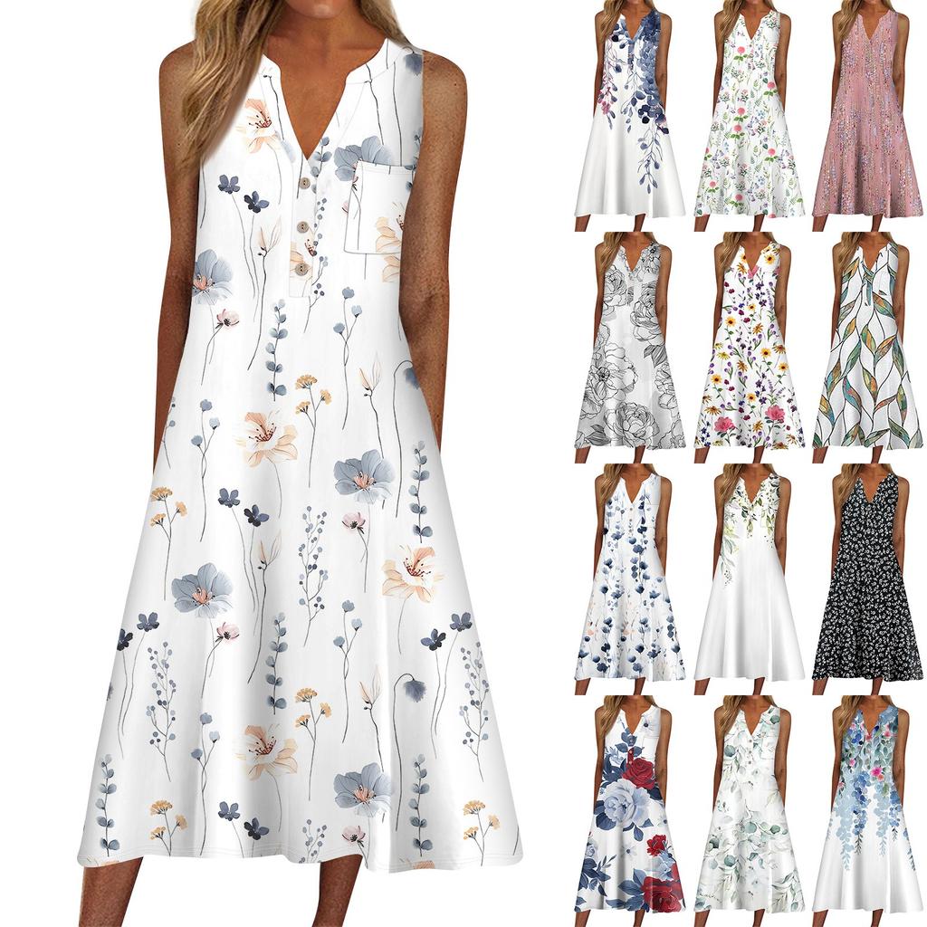 Kadınlar İçin Yaz Elbise Günlük Baskılı V Yaka Kısa Kollu Plaj Salıncak Elbise