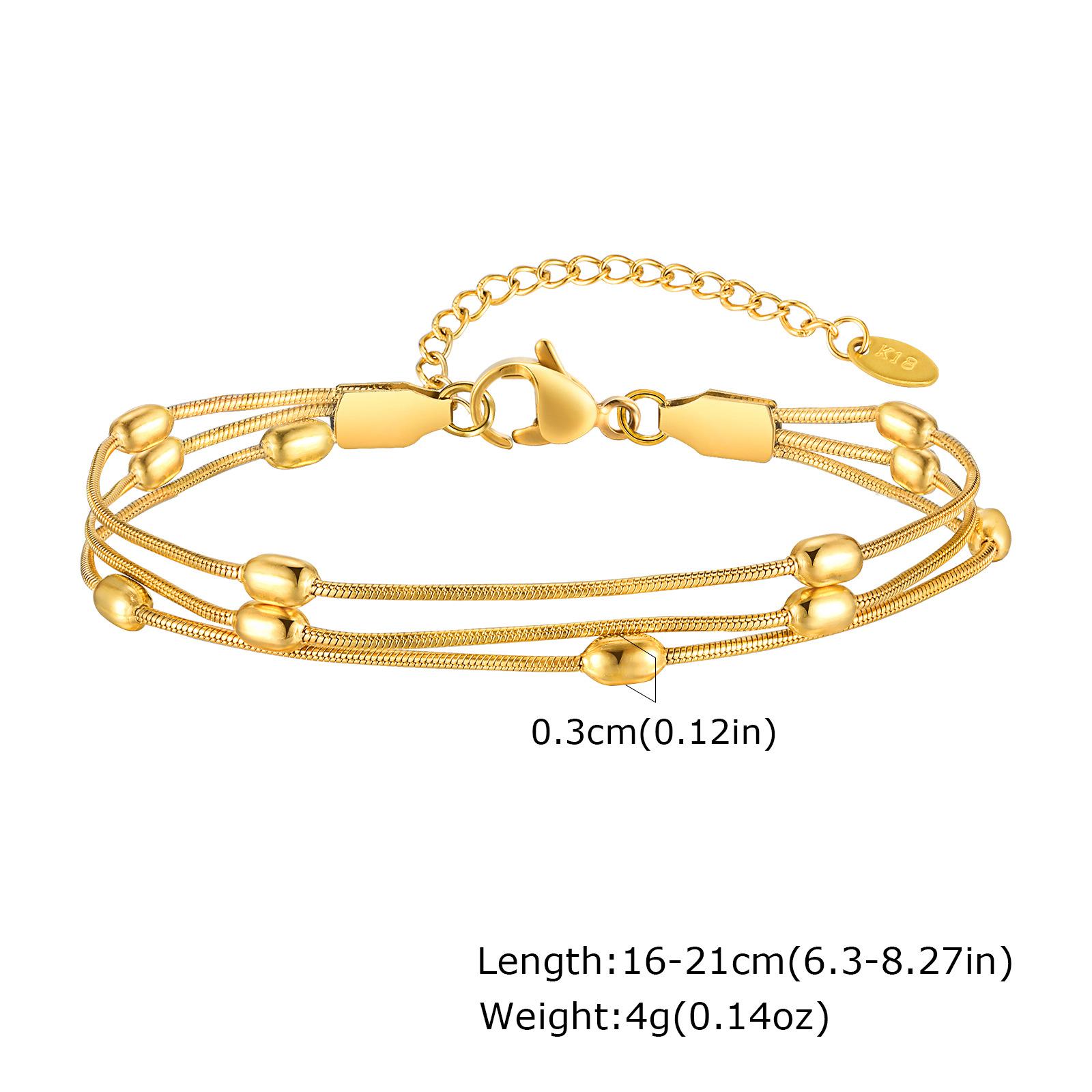 Fashion Stainless Steel Three-Layer Rice Bead Round Snake Chain Gold Bracelet Ladies 2204