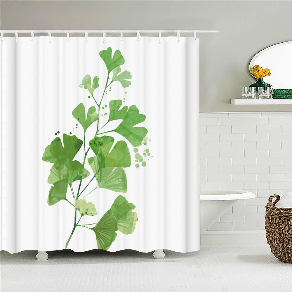 Waterproof Fabric Shower Curtain Printing Fresh Green Plant Leaves Bathroom Curtains Polyester Decoration Bath Screen with Hooks