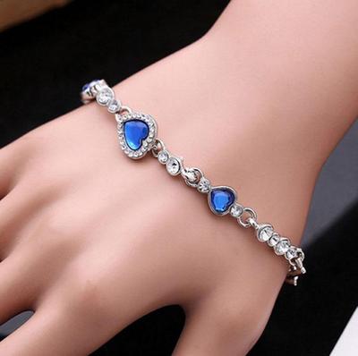 Ocean Heart Crystal Love Bracelet: European & American Style, Korean-Inspired, Elegant Diamond Heart Design for Ladies