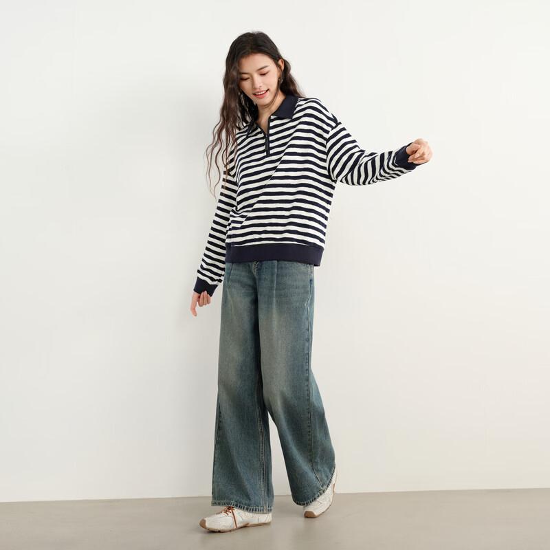 Elva' Island Women's Striped Long Sleeve Polo Knit Sweater