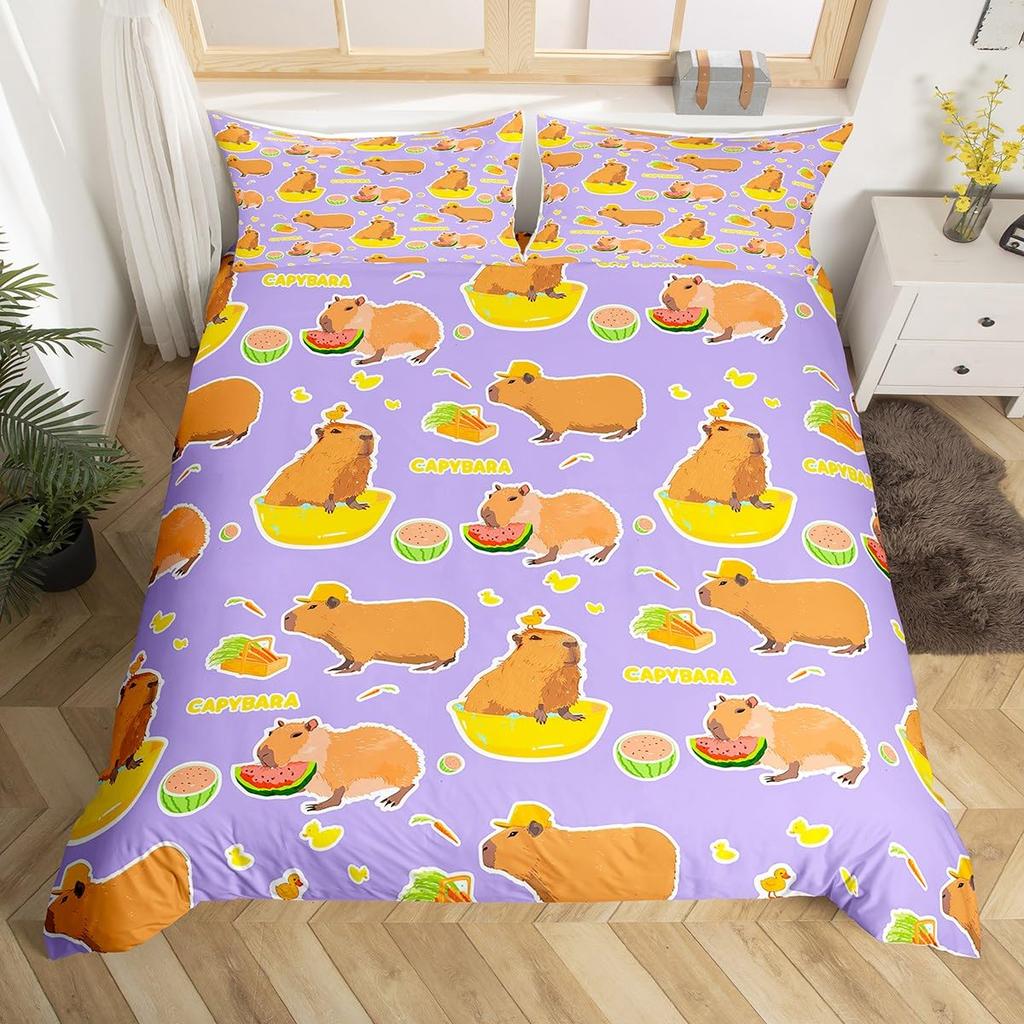 Cartoon Capybara Duvet Cover Twin Queen Toddler Botanical Leaves Funny Animal Bedding Set Graffiti Sketch Lines Comforter Cover