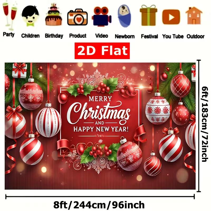 2D Merry Christmas Happy New Year Backdrop Red Ball Ornament Photo Booth Banner