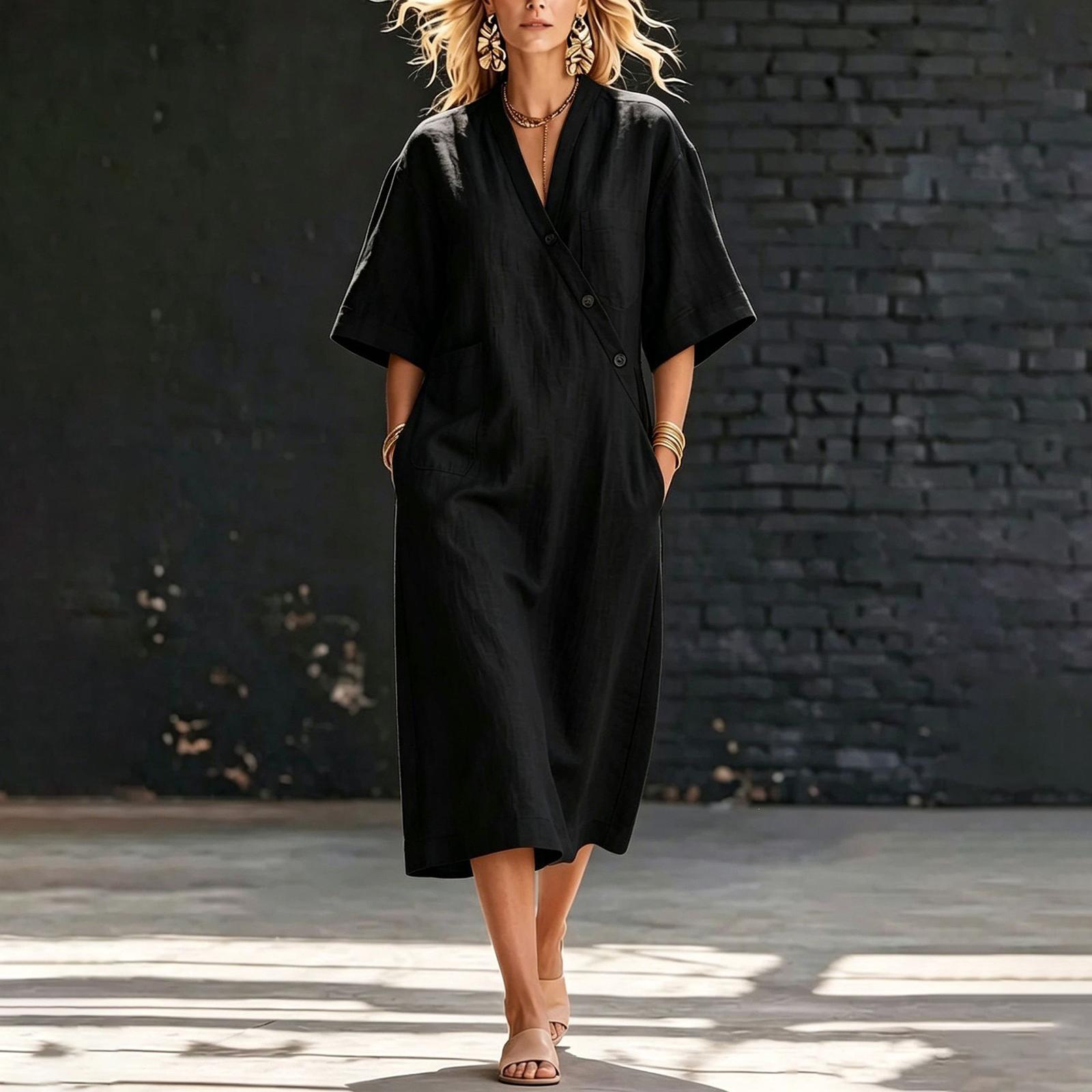 

Women s Dress Casual And Fashionable Short Sleeve V-neck Long Dress With Pocketed L чёрный