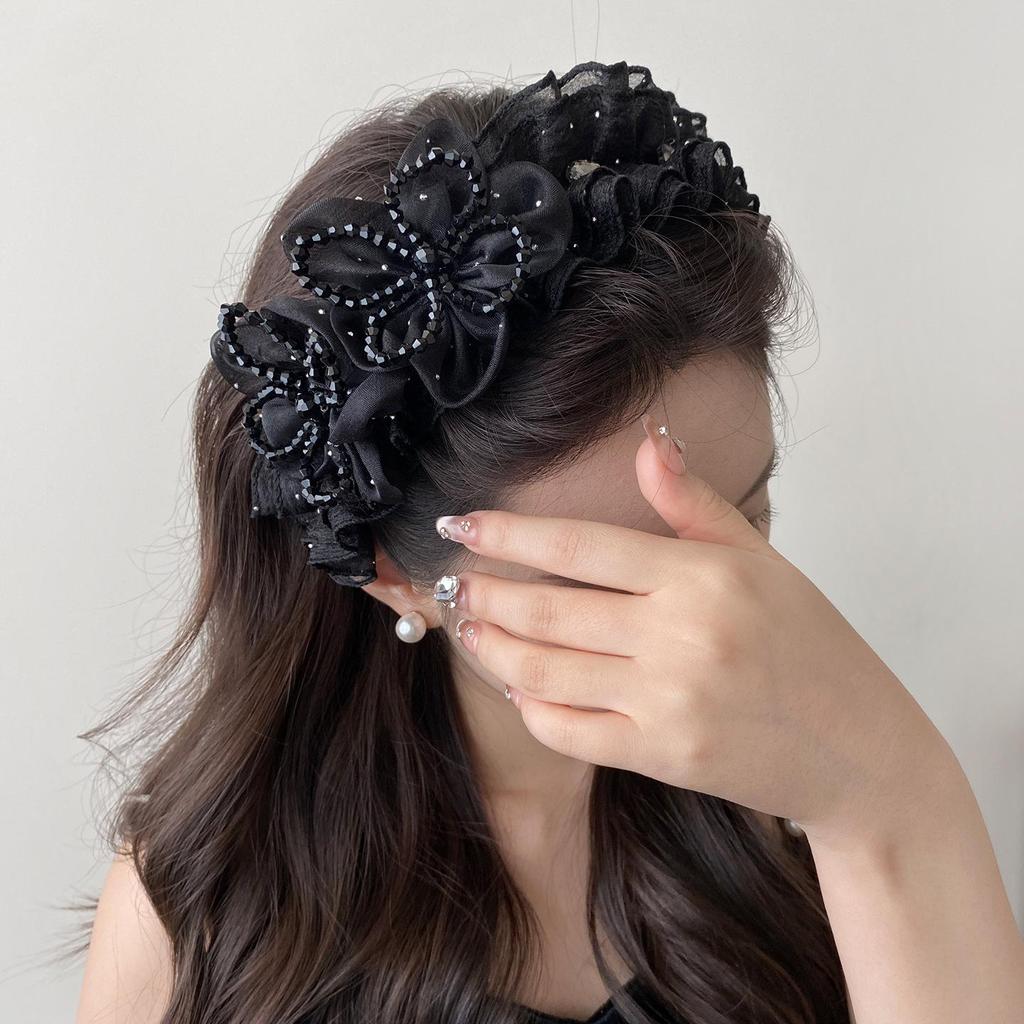 Exquisite Crystal Flower Wood Ear Edge Headband for Women - 2026 New High Skull Top, Wide Edge Hairline Cover Hair Clip