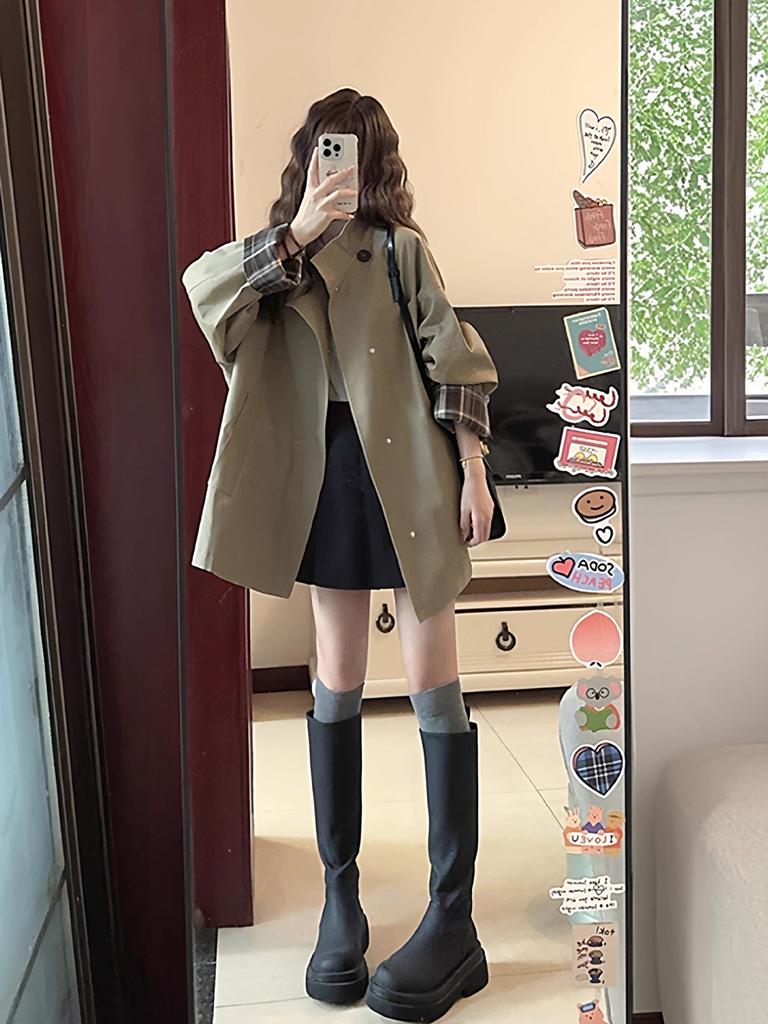 Khaki trench coat women's spring and autumn new Korean version loose and thin medium and long British style coat ins