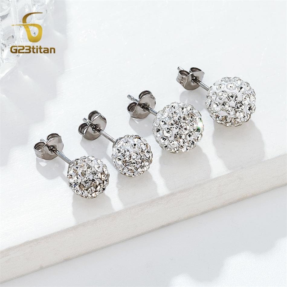 Colors Crystal Bead Polymer Clay Earrings G23 Titanium Ear Stud Micro Pave Rhinestone Disco Ball Hypoallergenic Piercing Zircon