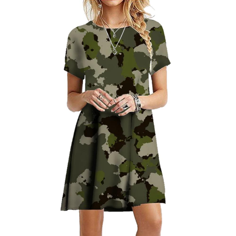 

2025 Летние платья в стиле милитари для женщин с коротким рукавом, платье-трапеция, свободная повседневная мини-одежда больших размеров, Vestidos 6XL